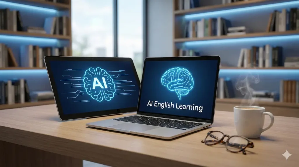 AIを使った英語学習イメージとデスク