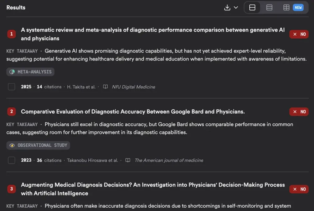 Consensus AIの検索結果。「AI診断は医師より正確か」という問いに対しNOのタグが表示されている画面