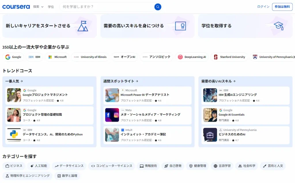 Courseraのトップページ。Googleやスタンフォード大学などの提携パートナーロゴが表示されている