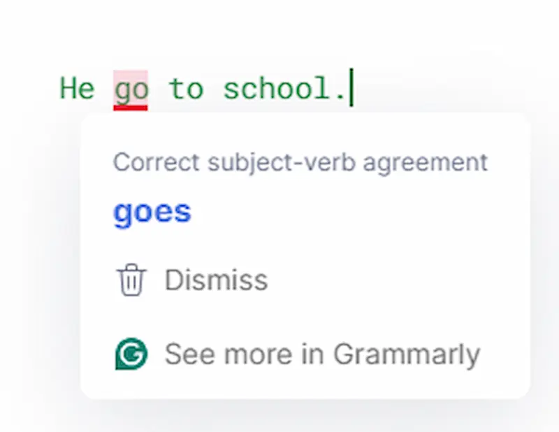Grammarlyによる英文法ミスの自動指摘と修正画面