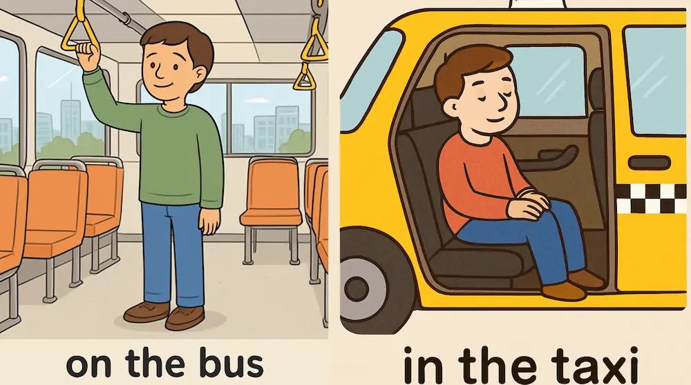 乗り物の前置詞onとinの使い分けイメージ（バスは立つからon、タクシーは座るからin）