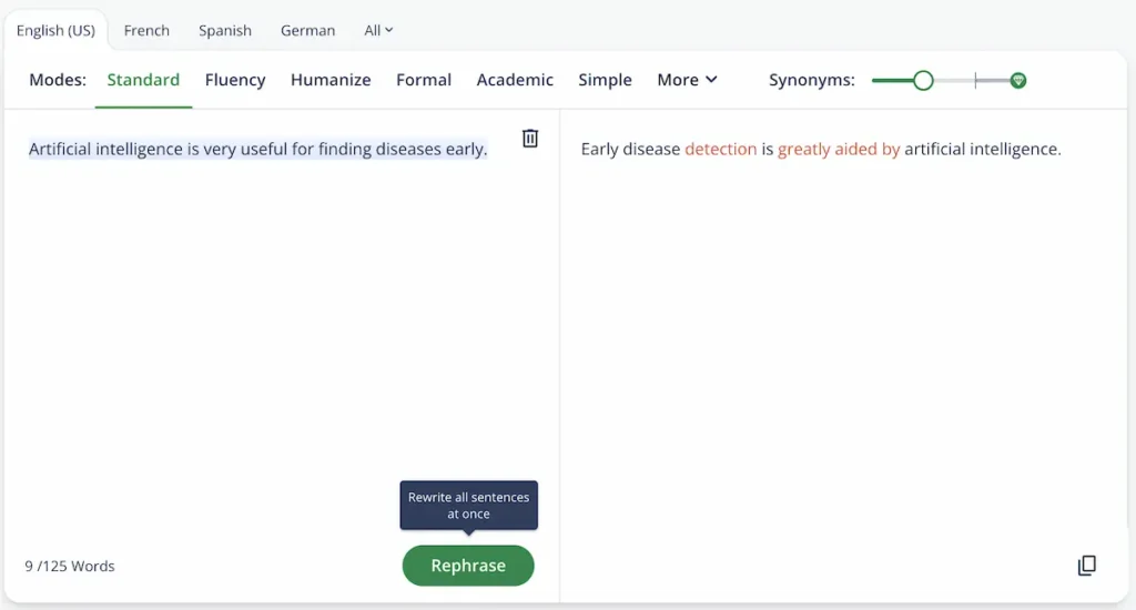 Quillbotで英文をより洗練された表現に自動で書き換えている画面