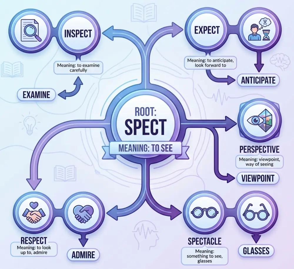 語根「spect」を中心に、派生語が放射状に広がるマインドマップ