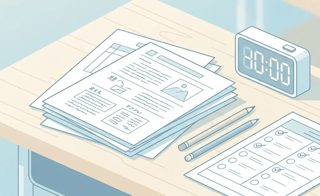 大阪医科薬科大学英語入試80分の記述式試験を示す答案用紙とタイマー