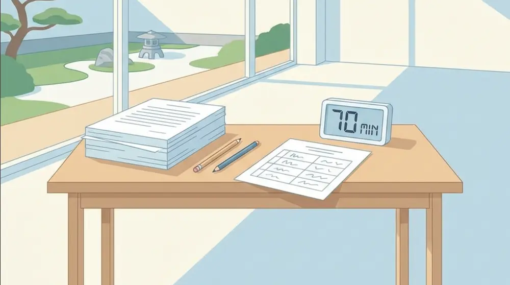 福岡大学医学部英語入試の試験時間70分を示すタイマーと答案用紙