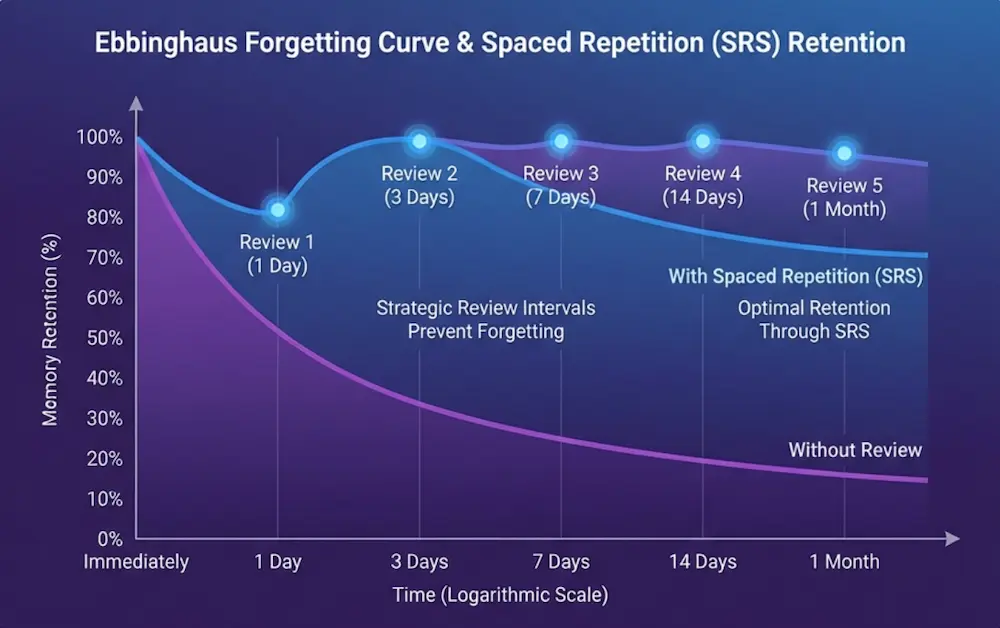 忘却曲線とSRSの効果グラフ