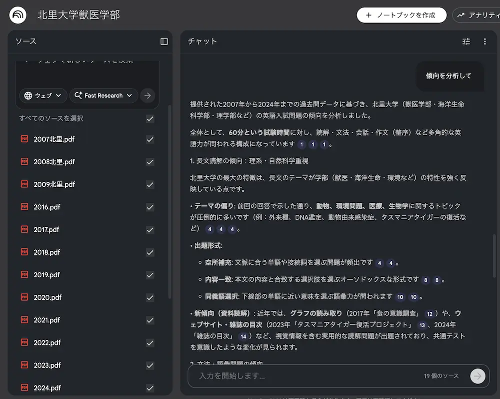 NotebookLMで北里大学獣医学部の過去問（2007-2024年）を分析した画面。動物・環境・医療テーマが頻出と表示（出典：Google NotebookLM）