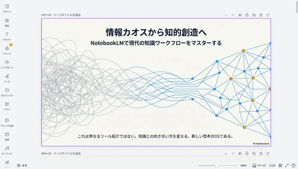 NotebookLMで作成したPDFスライドをCanvaの編集画面にアップロードした様子