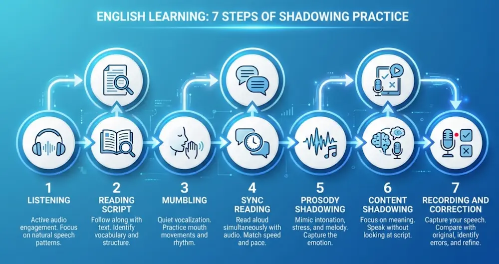シャドーイングの7ステップをフローチャートで示した図