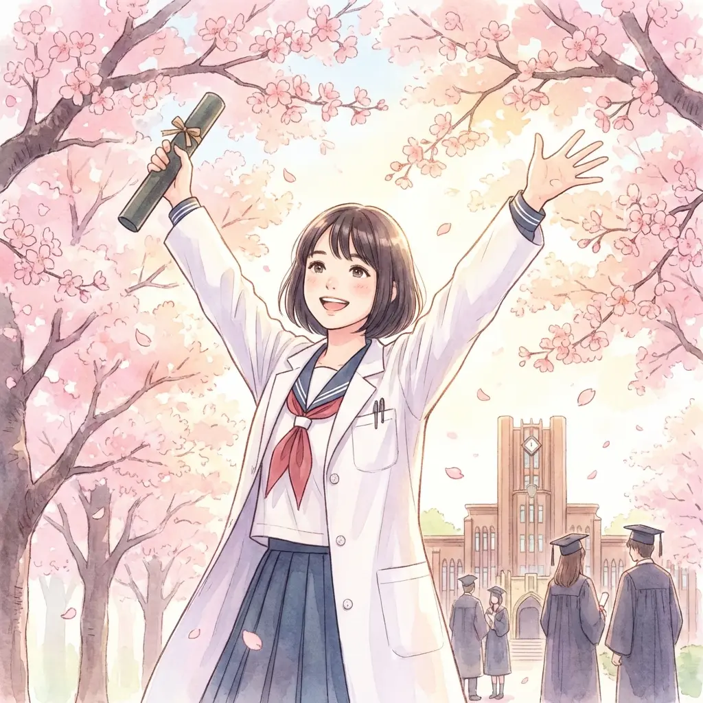 合格を目指すイメージ（桜と白衣）