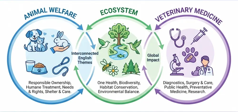 獣医学部英語の3大テーマ（動物福祉・生態系・獣医学）を示すインフォグラフィック