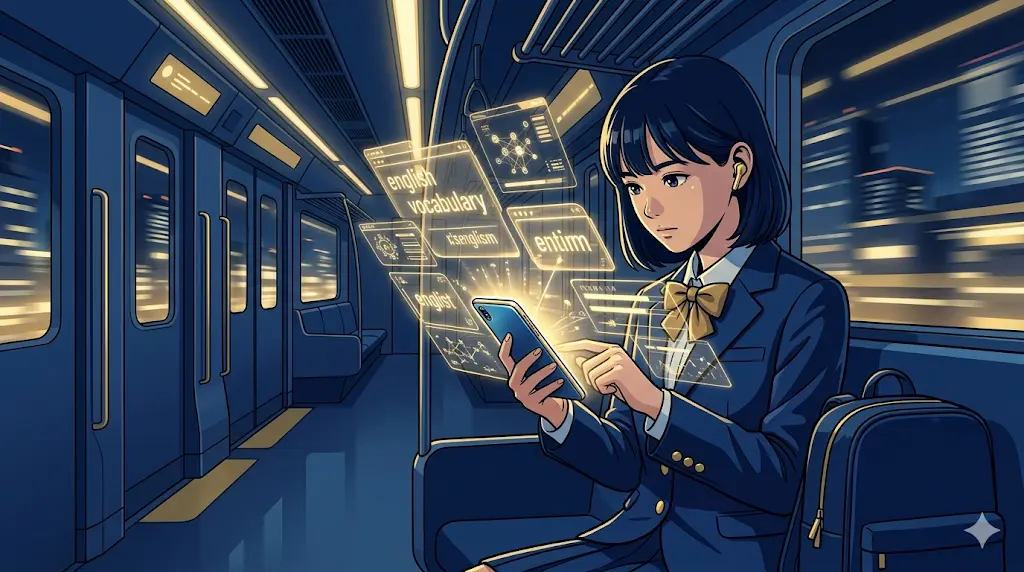 通学中の電車内で、スマホのAIアプリやデジタル単語帳を使ってスマートに効率よく英単語を暗記している受験生