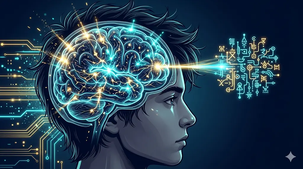 英単語を見た瞬間に0.5秒で意味が引き出される「自動化」の状態を表した、脳のシナプスが光り輝くイメージ画像