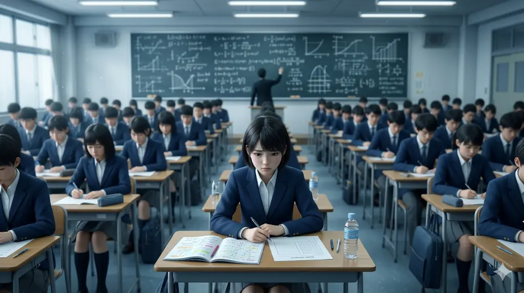 大手予備校の大教室（集団授業）で、解答用紙を前に手が止まってしまっている医学部受験生のイメージ画像