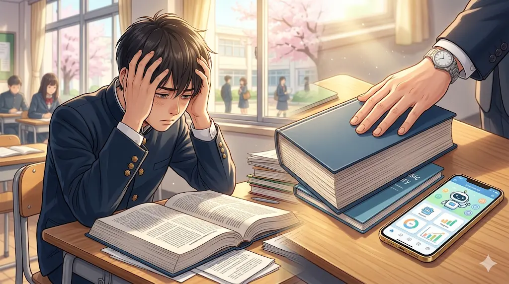 春休みに分厚い英語長文問題集を閉じ、単語帳とAIアプリで医学部英語の基礎固めを始める受験生のイメージ画像