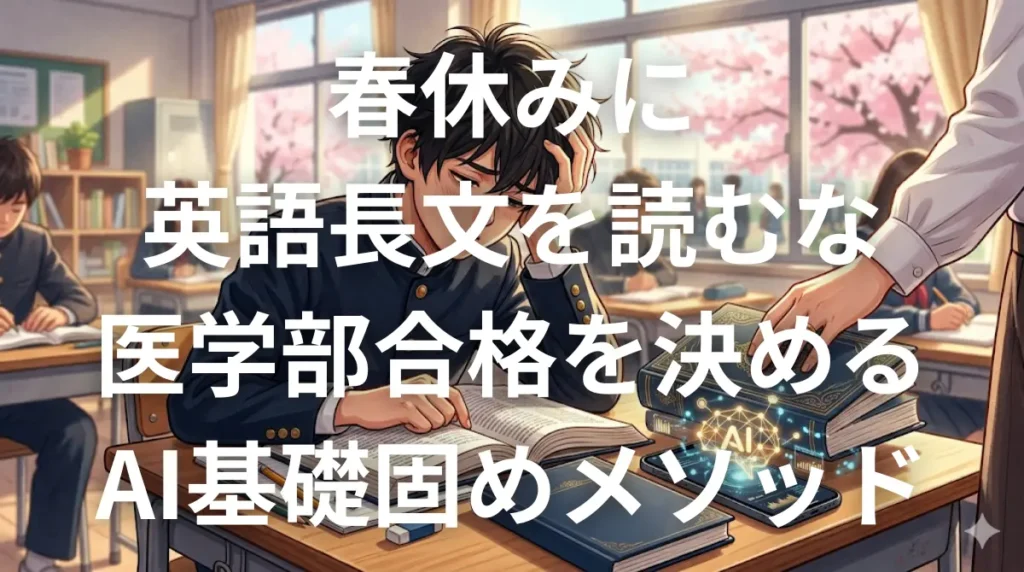春休みに分厚い英語長文問題集を閉じ、単語帳とAIアプリで医学部英語の基礎固めを始める受験生のイメージ画像
