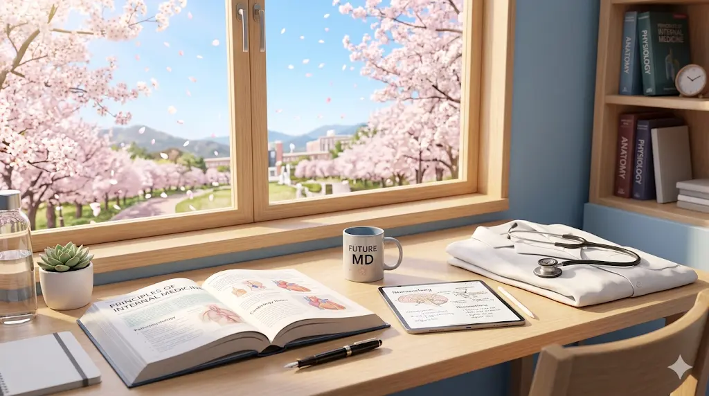 正しい春の学習ロードマップとプロの個別指導を経て、来春の医学部合格を勝ち取り白衣を手にする希望のイメージ