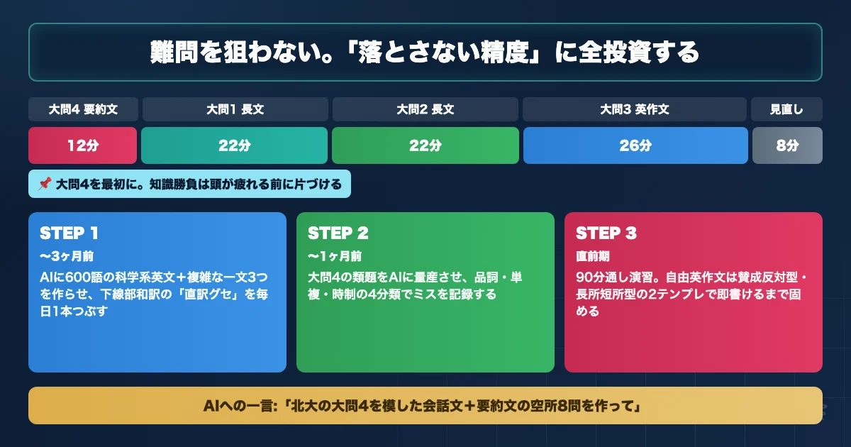 北海道大学医学部医学科 英語対策のAI活用ロードマップを示す図解