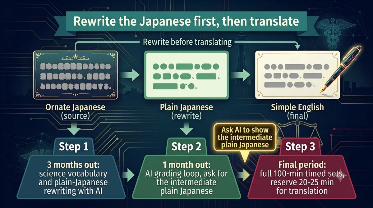 大阪公立大学医学部 英語対策のAI活用ロードマップを示す図解