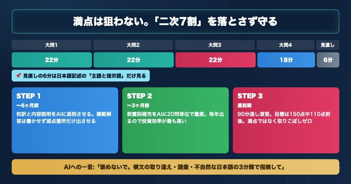 信州大学医学部医学科 英語対策のAI活用ロードマップを示す図解