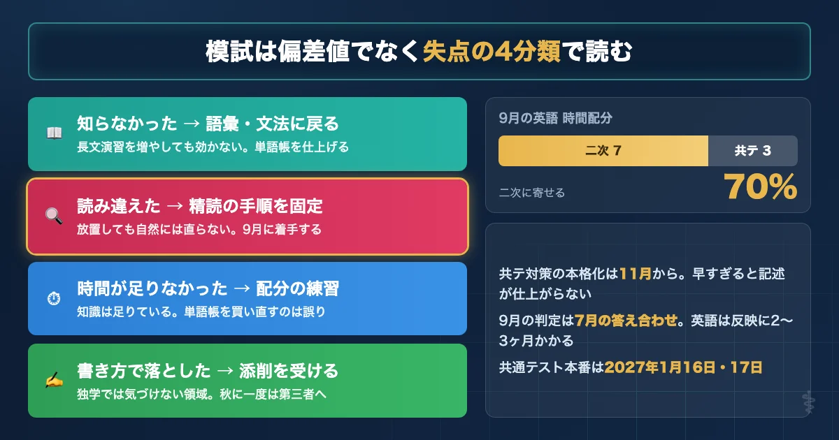 医学部英語 秋の月別の時間配分と模試日程を示す学習設計図解