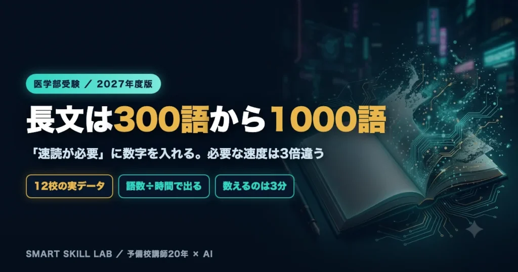 医学部英語の長文語数比較 - 300語の大学と1000語超の大学で必要な読解速度が3倍違う