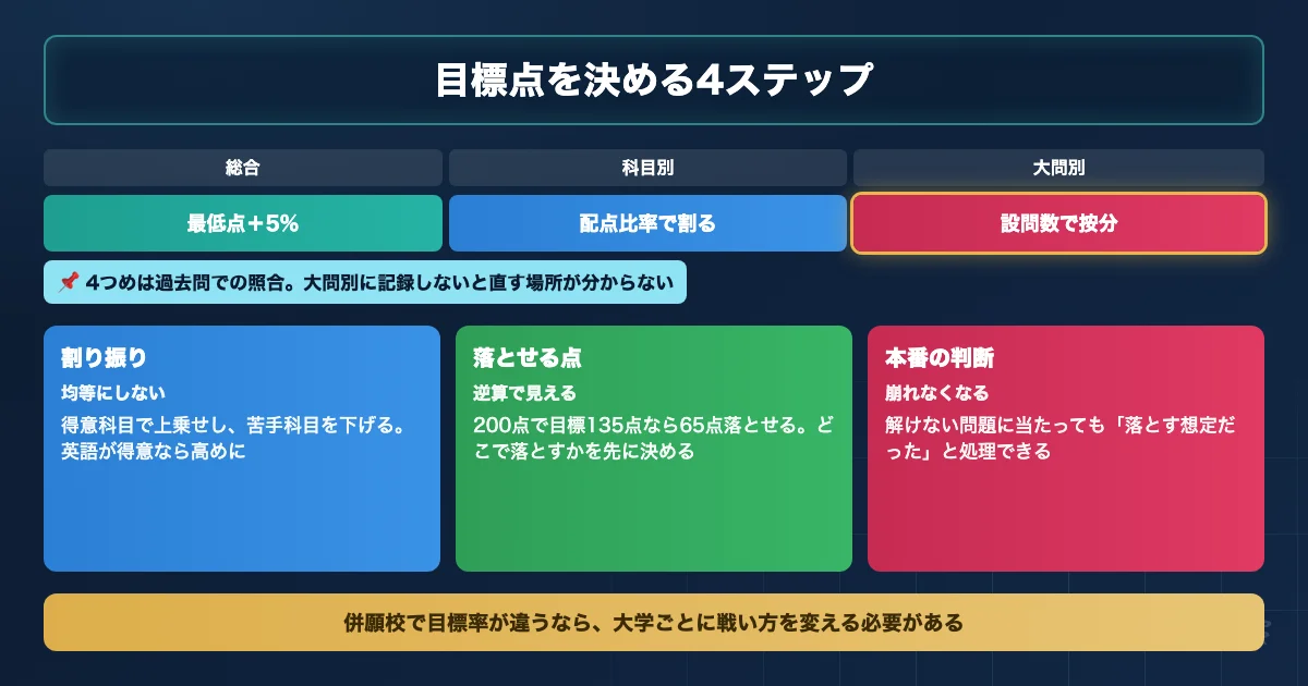 医学部英語の目標点を決める4ステップと大問別の配分を示すロードマップ図解
