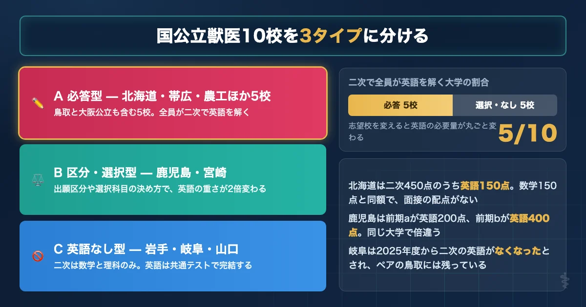 国公立獣医学部10校を二次の英語の扱いで3タイプに分類した図解
