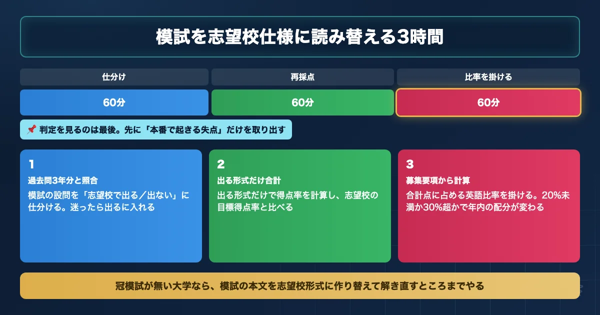 模試の英語を志望校の配点と形式に読み替える3ステップのロードマップ図解