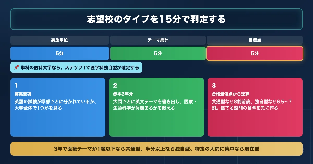 志望校の英語が共通問題か独自問題かを15分で判定する3ステップのロードマップ図解
