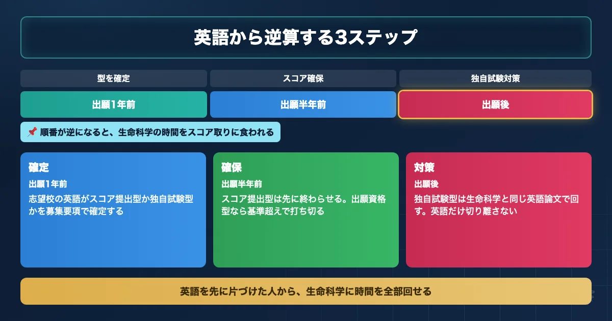 医学部学士編入の英語をタイプ確定とスコア確保と独自試験対策の3ステップで進めるロードマップ図解