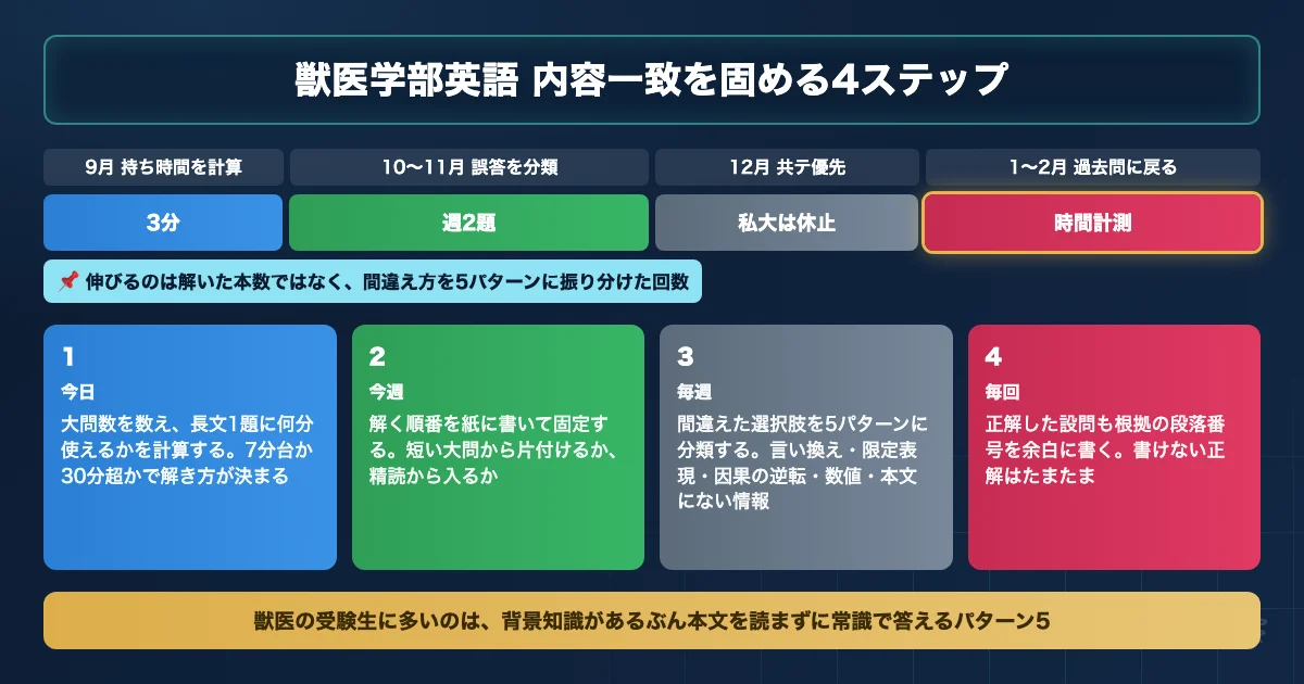 獣医学部英語の内容一致対策を4ステップで進めるロードマップ図解