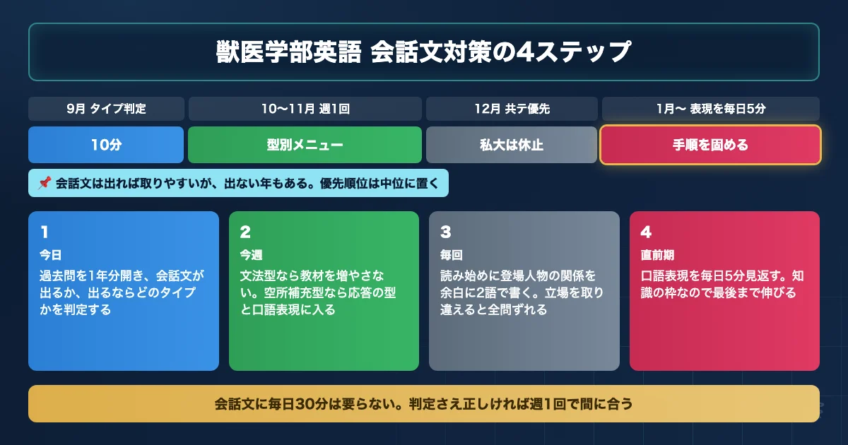 獣医学部英語の会話文対策を判定から直前期まで4ステップで進めるロードマップ図解