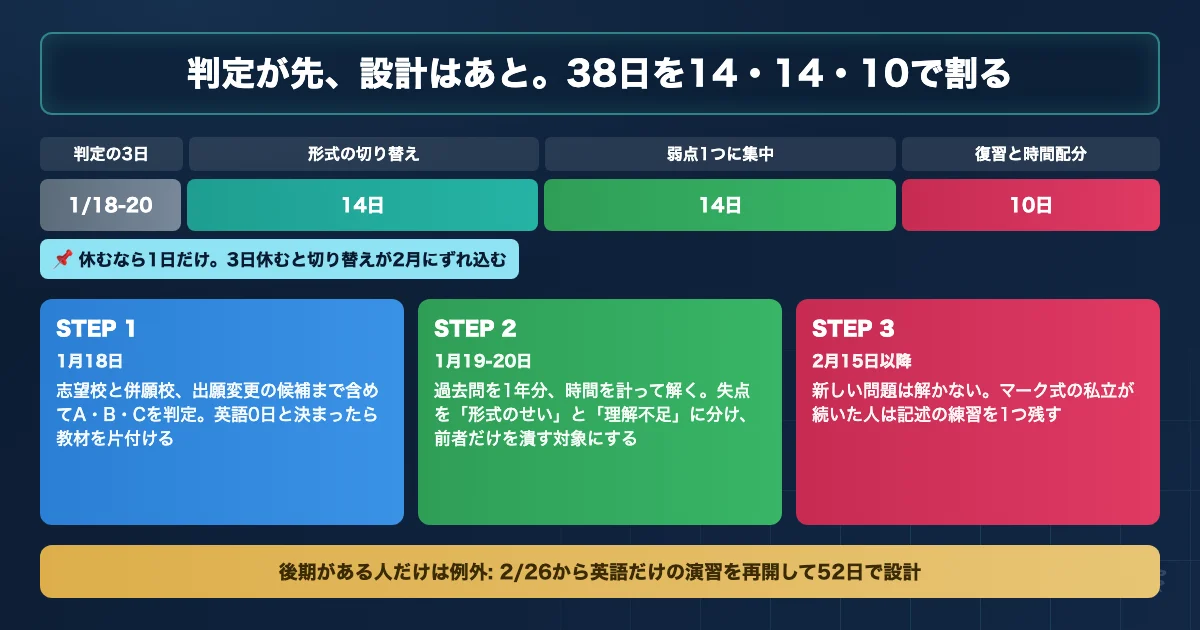 獣医学部英語の共通テスト後38日を3ブロックに分けたロードマップ図解