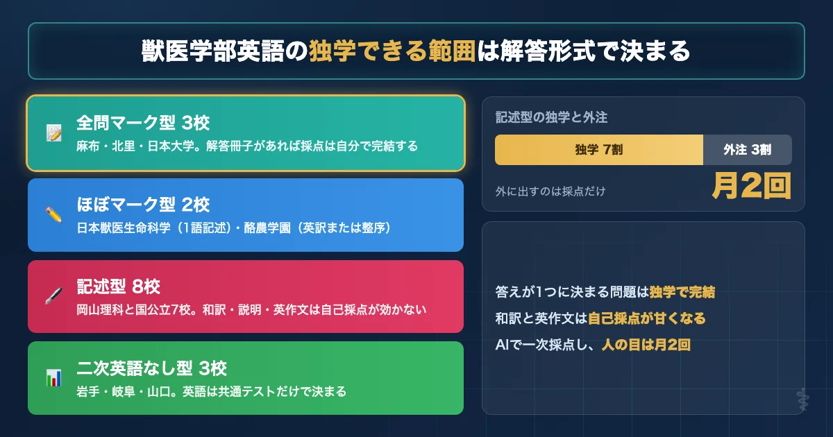 獣医学部16校を英語の解答形式で4タイプに分け、独学できる範囲を示した図解